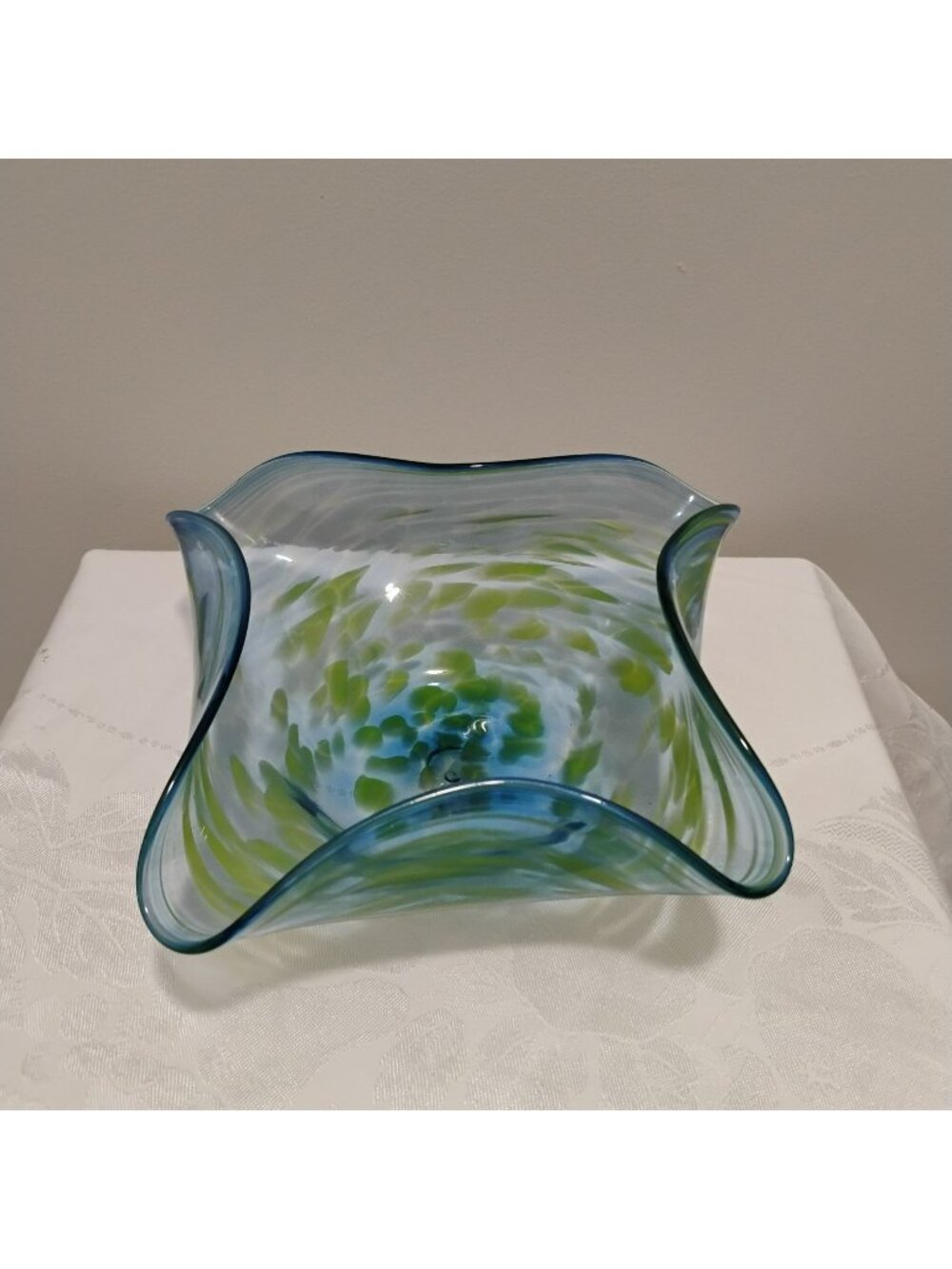 Hand-Blown Art Glass Bowl, Artist Signed, Blue Green Yellow Speckled Wavy 10"